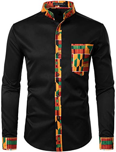 PARKLEES Men's African Dashiki Tribal Graphic Patchwork Long Sleeve Printed Grandad Collar Shirt PZZCL46 Black L