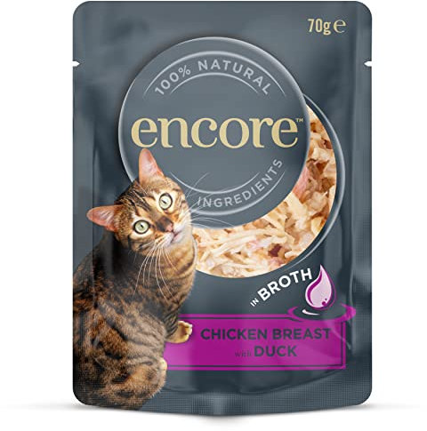 Encore 100% natürliches Premium Nassfutter für Katzen, Hühnchenbrust mit Ente in Brühe für erwachsene Katzen - Packung mit 16 x 70g Beuteln