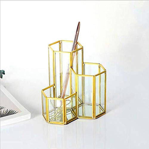 Triple Pen Holder, Gold Hexagonal Desk Tidy, Metal Pen Pot, Pen Cup Holder, Pencil & Makeup Brush Storage for Desk Tidy