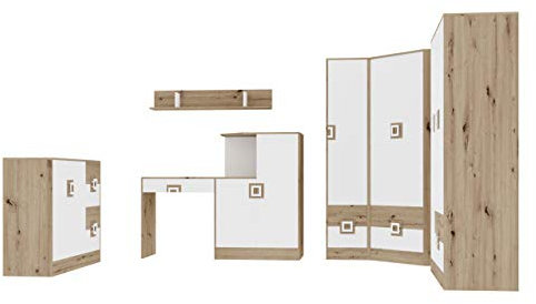 Mirjan24 Jugendzimmer Set Nicola V, 6-TLG. komplett, Eckschrank, Drehtürenschrank, Regal, Kommode, Schreibtisch - Kommode, Wandregal (Eiche Hell/Weiß + Eiche Hell)