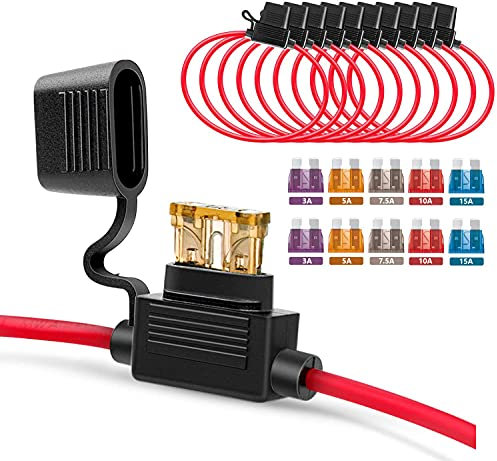 Gebildet 10pcs 16AWG Sicherungshalter mit Draht für KFZ LKW, 32V 20A Inline Flachsicherung Wasserdicht Halter, mit 10pcs Standard Mittel Flachsicherungen (3A /5A /7.5A /10A /15A)