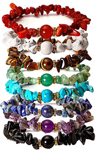 Manfnee 8 Stücke 7 Chakra Kristall Chips Heilung Armband Set Unregelmäßige Perlen Armbänder für Frauen