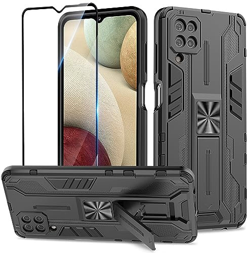 Btstring Hülle kompatibel mit Samsung Galaxy A12 /M12 mit Schutzfolie, Militär Standard Cover Case Standfunktion Handy Hüllen Schwarz