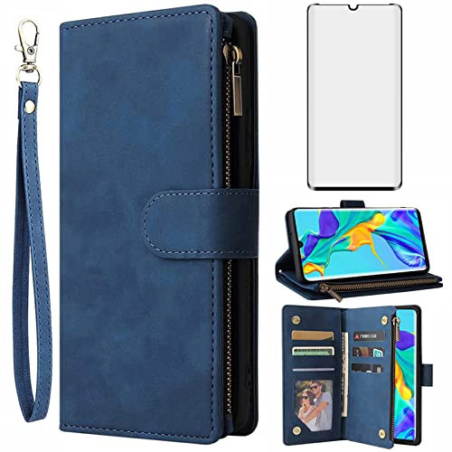 Asuwish Handyhülle für Huawei P30 Pro Hülle mit Folie Schutzfolie und Kartenfach Klappbar Leder Geldbörse Ständer Reißverschluss HuweiP30Pro Hawaii P 30 P30Pro VOG-L29 Schutzhülle Phone Case Blau