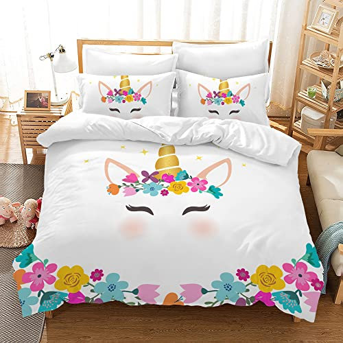 Hoimlm Einhorn Bettwäsche,Kinder Bettwäsche Set mit Bettbezug and 2 Kissenbezug,Cartoon Einhorn mikrofaser Soft Mädchen Bettwaren, mit Reißverschluss (Style G, 135 x 200cm)
