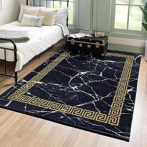 Mazovia Modern Teppich - Kurzflor Waschbar - Weich Teppich für Wohnzimmer, Schlafzimmer, Esszimmer – Teppiche Marmor Abstrakt Muster - Schwarz Gold 140 x 200 cm