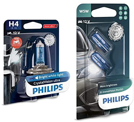 Philips 12342CVUBW Crystalvision Ultra Moto H4 Motorrad-Scheinwerferlampe, 1 Stück & X-tremeVision Pro150 W5W Signallampe, Doppelblister, 563230, Double blister