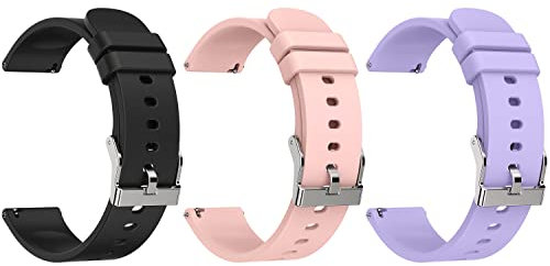 Popglory Cinturini di Ricambio per Smartwatch, 20MM Smart Watch Banda Rosa/Nero/Viola Silicone per P22 (3PCS)