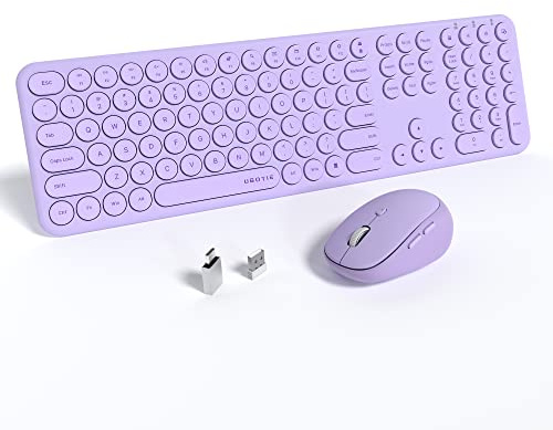 UBOTIE Kabellose Tastaturen und Maus, geräuschlose Scherenschalter, schlanke Tastaturen, Mäuseset, leise volle Größe, 111 Tasten mit einstellbarer optischer DPI-Maus für Büro (Hellviolett)