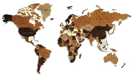 Planisfero in legno 3D con illuminazione led e supporto in plexiglass - Mappa luminosa gigante del mondo da parete, nazioni in rilievo