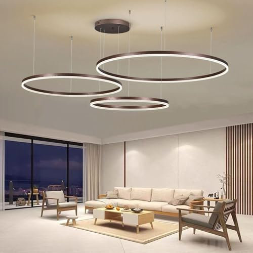 LIUYU Dimmbare LED Pendelleuchte 3 Ringe Braun Rund Design (40+60+80cm) | 106W Modern Hängelampe Ring mit Einstellbarer Höhe, für Wohnzimmer Küche Büro Schlafzimmer