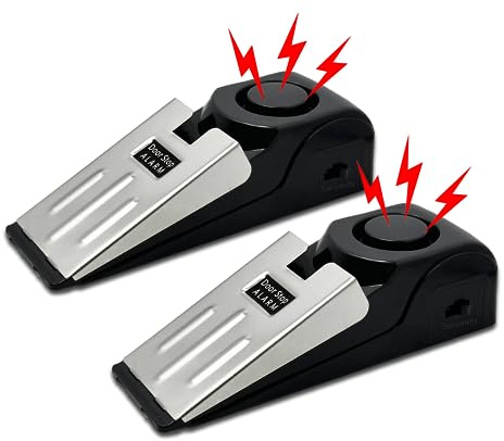 Lot de 2 butées de porte portables avec alarme de sécurité puissante de 120 dB, alarme de porte de voyage, capteurs d'alarme pour voyage, appartement, hôtel et maison