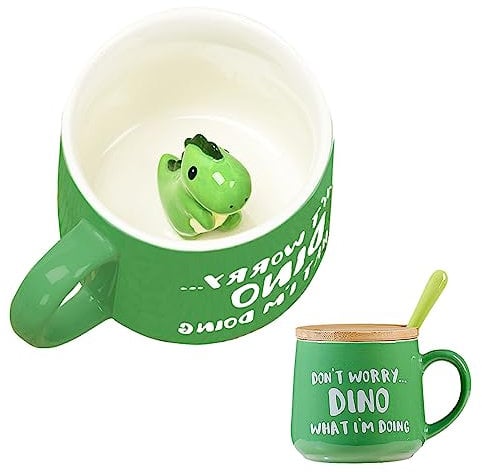 Dinosaurier Keramik Tasse Lustig Personalisiert,Tasse mit Spruch Kawaii Süße Sachen Kaffeebecher Cappuccino Lustige Tassen set,Teetasse Mit Deckel Personalisierte Geschenke für Frauen,Männer,Mädchen