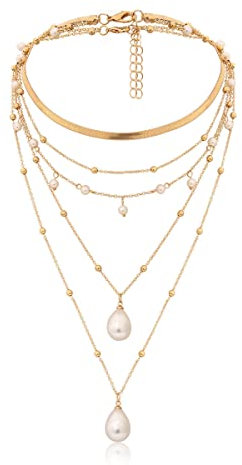 fdsmall Halsketten für Frauen Boho 14k Gold überzogene handgemachte Perlen Kette Layered Halskette zierliche Perle Anhänger Link Kette Choker Halskette Schmuck Geschenk für Frauen und Mädchen (Gold)