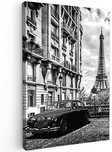 MuchoWow© Leinwand 40x60 cm Deko Schlafzimmer Aesthetic Leinwandbilder Wohnzimmer Gemälde Foto Geschenk Living Room Decoration Bilder Schwarz Weiß - Paris mit einem Auto - Weiss
