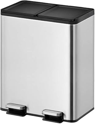 PROREGAL Rechteckiger Treteimer aus gebürstetem Edelstahl mit getrennten Soft-Close & Stay-Open Deckel | 20+20 Liter, HxBxT 59,2x46,3x33,2cm | Silber