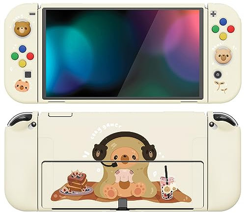 PlayVital ZealProtect Weiche Schutzhülle für Nintendo Switch OLED Konsole Joycon,Case Hülle Zubehör für Nintendo Switch OLED mit Sticks Kappen & ABXY Richtungstastenkappen(Gemütlicher Gamer Bär)