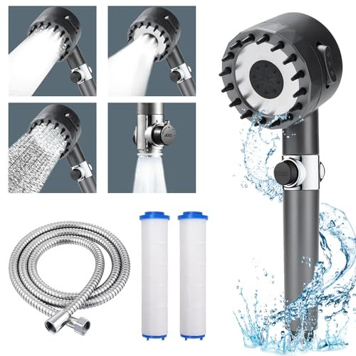 Cuteefun Pommeau de Douche avec Tuyau, Pommeau de Douche Haute Pression de Massage, Pommeau de Douche Anti Calcaire avec Filtre, Pomme de Douche Economie D'Eau avec Bouton D'ArrêT de L'Eau