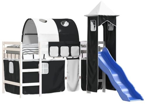 vidaXL Kinderhochbett, Hochbett mit Turm Rutsche, Spielbett Bett für Kinder ab 6 Jahren, Kinderbett Etagenbett Stockbett, Weiß Schwarz 80x200cm Kiefernholz