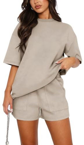 REORIA Damen Tracksuit Kurzarm Rundhalsausschnitt Einfarbig Zweiteiler Hausanzug Loungewear Outfit Jogger Trainingsanzug Set Khaki L