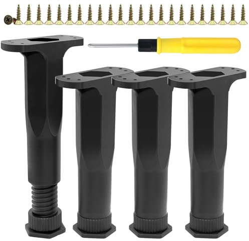 Piuluvor® 4 Pièces Pieds de Meuble Réglables, Pieds de Table Noir Pieds D'armoire pour Tables, Canapés, avec Vis et Tournevis (16-28cm)