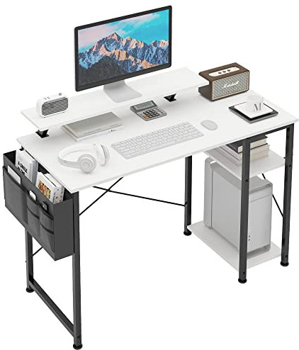 CAIYUN 100cm Computer Desk with Monitor Stand & 2-Tier Storage Shelves, Home Office Writing Desk Study Table Workstation, White