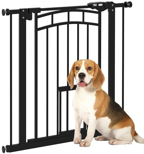 PawHut Barrière de sécurité Chien, barrière d'escalier à Fixation par Pression sans percer, Porte Fermeture Automatique, système de Double Verrouillage, 74 à 80 cm, Acier, Noir