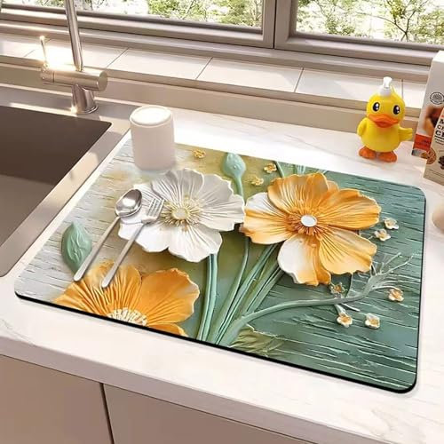 Odot Abtropfmatte für Geschirr, Ölgemälde-Stil Abtropfmatte Geschirr Schnelltrocknend Geschirr Abtropfmatte Kaffeemaschine Matte Kaffeematte für Küche Café Spüle Bad (Gelb,30x40cm)