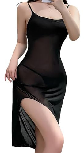 MIZSPISE Damen Unterwäsche Dessous Kleid Sexy Durchsichtiges Netzkleid Lang Transparent Mesh Babydoll Nachthemd mit seitlichem Schlitz Dessous Lingerie (Schwarz, Einheitsgröße)