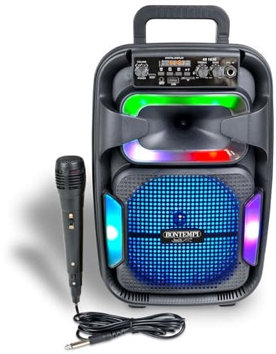 Bontempi | SonicSync - Amplificatore Wireless Karaoke con Microfono Dinamico, Effetti Luminosi, Regolatore Alti e Bassi, Funzione TWS, 38,2x24,9x21,9 cm Nero