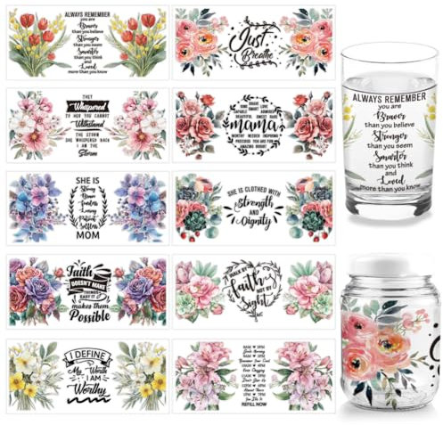 arricraft 10 Blatt UV DTF Cup Wrap 10 Stil Mit Inspirierenden Zitaten Und Blumenmuster PVC Transferaufkleber Wasserfeste Abziehbilder Zum Selbermachen Für Gläser Tassen Möbel Und Holz.