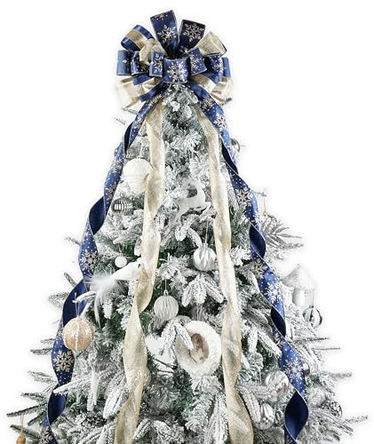 LIZLOVESS Navy Blue and Champagne Gold Christmas Tree Toppers - Large 13 x 53 Inch Bows with Streamer and Snowflake Patterns for Xmas Tree, Wreaths, Door, Staircase Home Decor