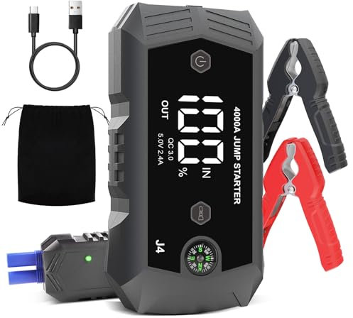 Jump Starter Power Bank 4000A 12V (AllGas/12.0L Diesel) 26800mAh Car Jump Starter with LED Flashlight, Large Screen, Jumper Screen, Car Battery Booster for SUV Motorcycle Lawn Mower
