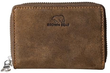 BROWN BEAR Reißverschluss Geldbörse klein Leder Vintage Braun mit Münzfach & RFID-Schutz - Echtleder Portemonnaie für Herren & Damen - Slim Wallet Mini Geldbeutel - BB Kai HBR