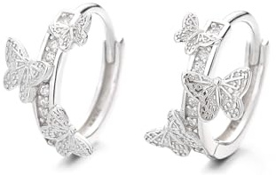 Dainty CZ Butterfly Hoop Earrings for Women Girls 925 Sterling Silver Cubic Zirconia Small Huggie Hoops 10mm Cartilage Earrings Hypoallergenic Ear Fashion Jewelry Birthday (White Gold)