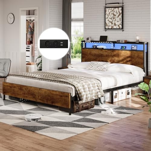 DICTAC Bett 140x200 cm mit LED Beleuchtung,Metall Doppelbett mit Steckdose und USB-Ladefunktion, Bettgestell 140x200 cm mit Holzkopfteil Stauraum, Bettrahmen mit Lattenrost und Stauraum unter dem Bett
