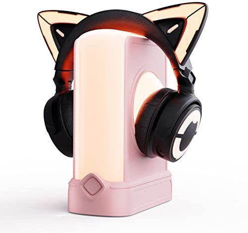 YOWU RGB Cat Ear Headphones 4GS White and Crystal Headphone Stand Black, Accessories for The Ultimate Experience (Black+Pink)