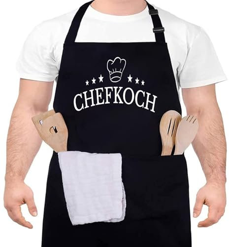 XCSJKJ Grillschürze für Männer Kochschürze Herren Schürze lustig, Grill schürze für Männer küchenschürze Herren personalisiert Grill Schürze mit 2 Taschen Grill Schürze (CHEFKOCH)