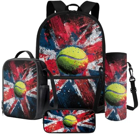 LACIYISON Union Jack Tennis Print 4Pcs Backpack Set with Lunch Bag Pencil Pouch and Water Bottle Sleeve Travel Rucksack for Boys Primary Junior Middle School Bookbag
