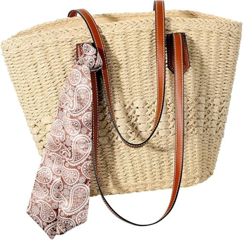ALANTOP Bolsa de playa de paja para mujer, bolso grande tejido de verano con cremallera, bolso de hombro ligero para vacaciones, piscina, viajes y uso diario, beige, 1