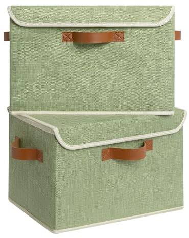 GRANNY SAYS Wardrobe Storage Boxes with Lid, Pack of 2 Collapsible Storage Boxes Lidded, Stackable Fabric Baskets for Shelves Organising, Top of Wardrobe Organisation, Green, 40 x 26 x 25.5 cm
