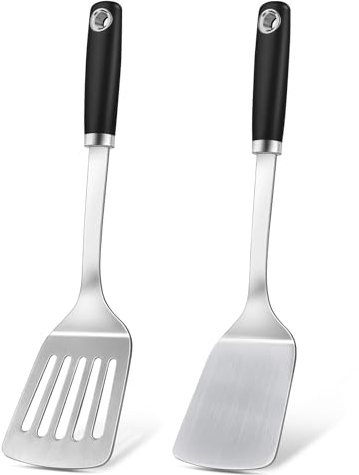 2 Pcs Silicone Stainless Steel Spatulas Set, Metal Spatula Solid & Slotted Turner, Heavy Duty Sturdy Spatula for Kitchen Use, High Heat Resistant Cooking Utensils for Fish Eggs Pancakes, Easy to Clean