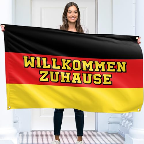 Willkommen Zuhause Banner 150 x 90 cm – Herzlich Willkommen Girlande – Willkommen Zurück Deko – Lebendiger Digitaldruck – 110 Den Polyester – Doppelnaht (Deutsche Flagge)