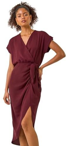 Roman Originals Plain Wrap Tie Detail Dress for Women UK - Ladies Everyday Holiday Spring Summer V-Neckline Comfy Soft Evening Vacation Work Party - Wine - Size 12