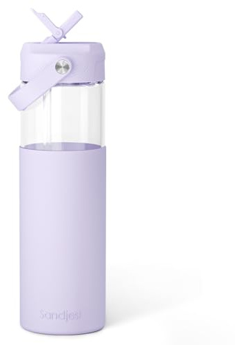 Glass Water Bottle with Silicone Sleeve and Straw Lid 20oz for Girls Women, Glass Drinking Bottles for Travel Home Gym Sports (Purple)