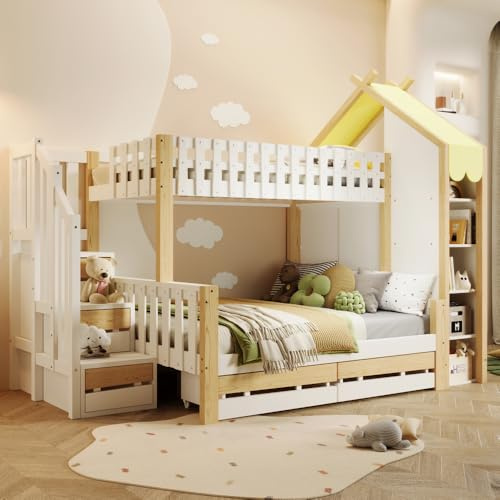 Sairedel Etagenbett, 90x200cm + 140x200cm, Gitterbett, Hausbar, Hausbar, 2 Schubladen, unregelmäßiger Zaun, ohne Matratze, weiß + natur