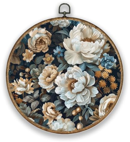 Hobbspring September Peony Flowers Round Wall Art Decor Vintage Wooden Framed Canvas Prints Wall Artwork for Garden Balcony Office Beautiful Plants Wall Art Prints Artwork Diameter 10.2in