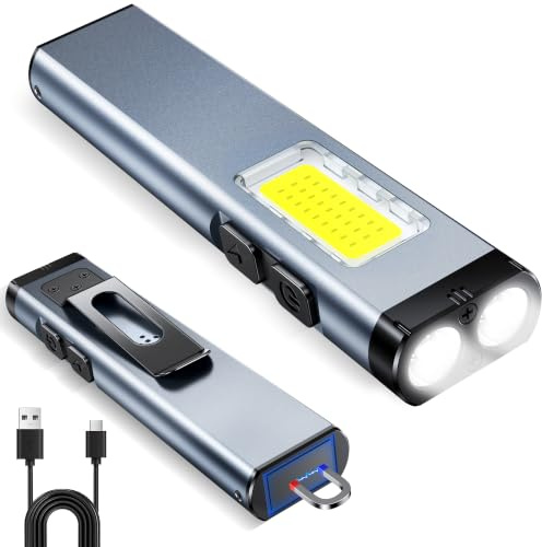 ISEYOU Torch Rechargeable, 800 Lumens LED Super Bright Mini Flashlight with Buzzer Alarm, Magnetic & Clip, 7 Modes, Dual Light Sources EDC Pocket Torch for Emergency, Camping, Hiking, Father's Day