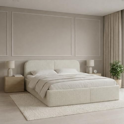 Dekori Möbel BELMI Slim Polsterbett mit Bettkasten, und Holzrahmen, Stauraum, Bouclé-Stoff (Quelle 02 (Creme), 180x200 cm)