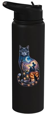 A Stylized Woman Sits on a Carved Pumpkin Stainless Steel Insulated Water Bottle